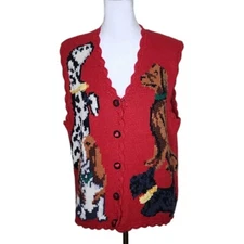 Vintage 80s Eagles Eye Dog Sweater Vest Womens L Red Dalmatian Scotty Setter Bas