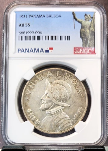 1931 PANAMA SILVER 1 BALBOA VASCO NUNEZ DE BALBOA NGC AU 55 RARE HIGH GRADE