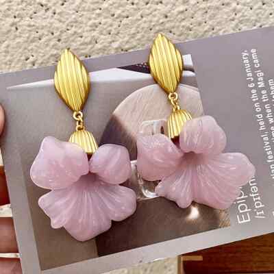 vintage unique retro design earrings pink flower gold plated dangle earrings