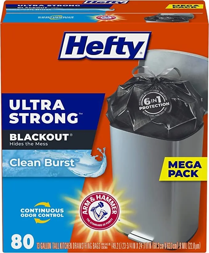 Hefty Ultra Strong Tall Kitchen Trash Bags, Blackout, Clean Burst