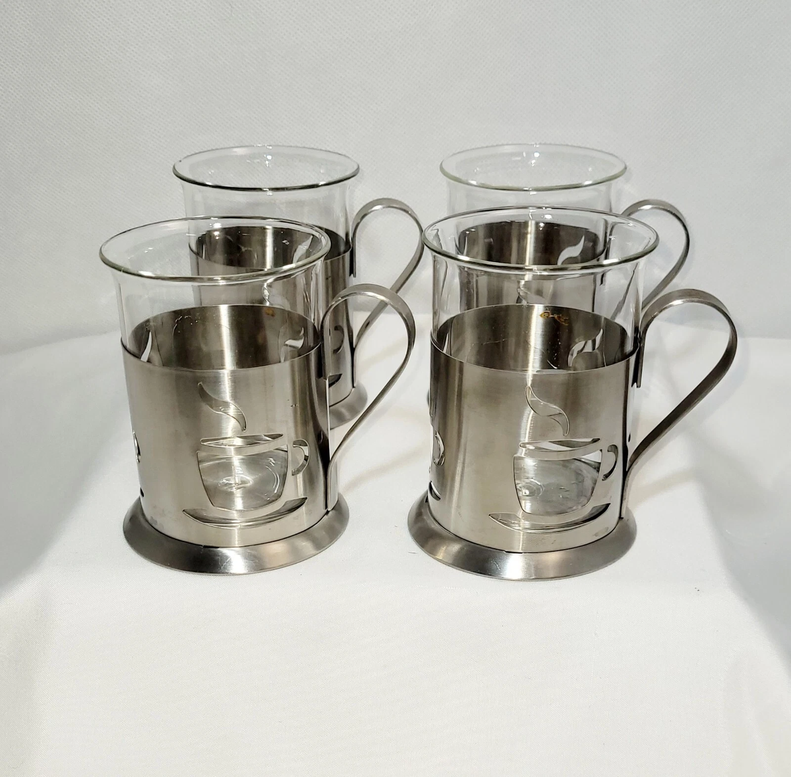 4 Stainless Steel Glass 6 oz. Tea Cups By BergHoff INTL Belgium French Press