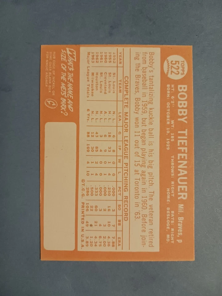 Bobby Tiefenauer 1964 Topps Baseball Series 7 #522 Milwaukee Braves  - Image 2 of 2