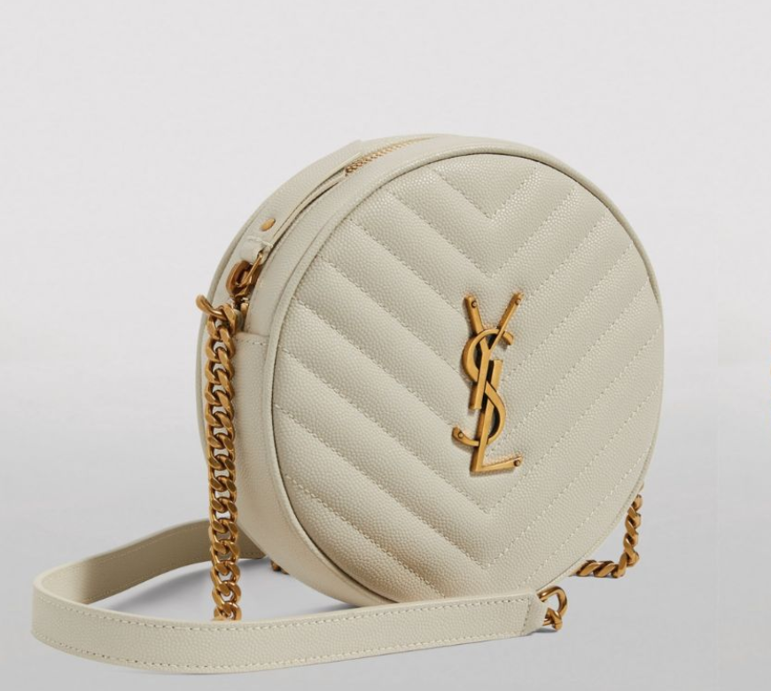 NUOVA** Borsa a tracolla Saint Laurent YSL vinile rotonda trapuntata grani di polvere crema