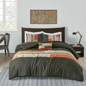 Reversible Sporty Orange Dark Green Boys Stripe Soft Comforter Set