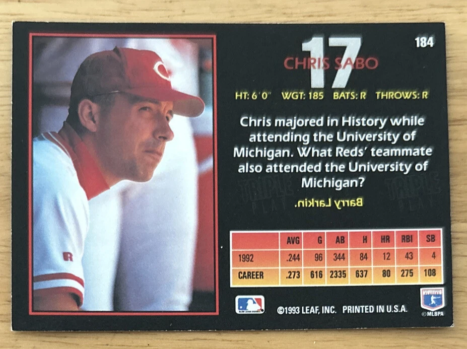 1993 Leaf Triple Play Chris Sabo Baseball Card #184 Reds 3B VG O/C - Image 2 of 2