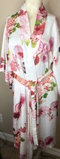 Natori Women  s M Floral Kimono Robe Pink White Belted Satin Lounge Sleepwear