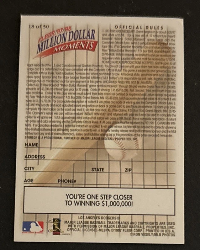 1997 Fleer Million Dollar Moments Orel Hershiser quebra recorde de Don Drysdale’s 18 - Imagem 2 de 2