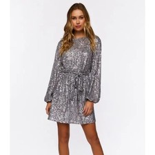EXPRESS NWT Silver Sequin Long Sleeve Tie Waist Dress M