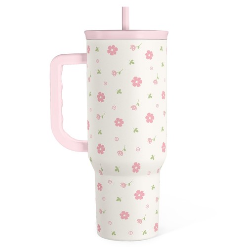 Floral 40oz Tumbler with Handle and Straw – Flowers Insulated Stainless Steel...