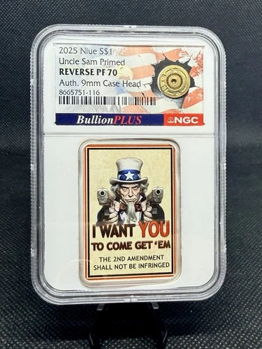 2025 Niue Uncle Sam Primed 1 Oz .999 Silver Bar NGC Reverse Proof 70!