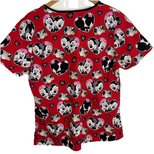 Disney Scrub Top Mickey And Minnie Hearts Size Medium Pediatrics Red Black Pink - Picture 8 of 8