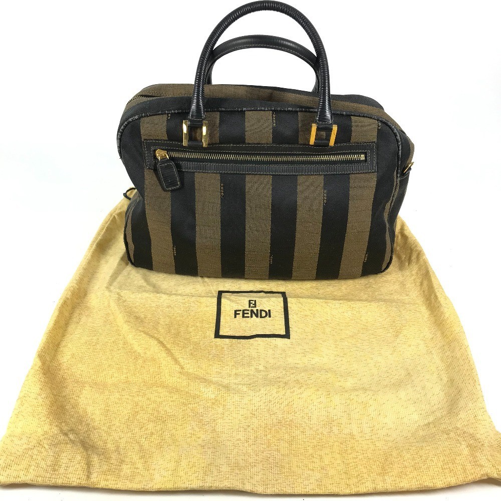 FENDI Vintage Pequin Mini Boston Bag Handbag Leather Canvas Black