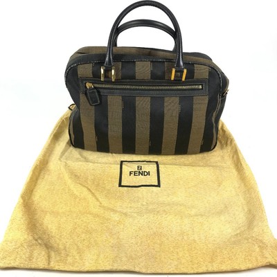 FENDI Vintage Pequin Mini Boston Bag Handbag Leather Canvas Black