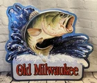 Vintage Old Milwaukee Beer Sign Bass Fishing Tin Metal Embossed Largmouth Small