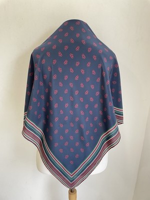 H74#Gian Marco Venturi GMV Silk Scarf Made in Italy   Navy Red Logo Print Square