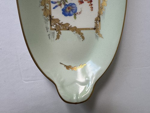 Birks Limoges France Green Oval Serving Dish Plate Floral Gold Rimmed Porcelain - Picture 5 of 10