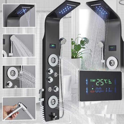 Edelstahl LED Duschsäule Regendusche Massage mit thermostat Duschpaneel Badarmat - Bild 44 von 154