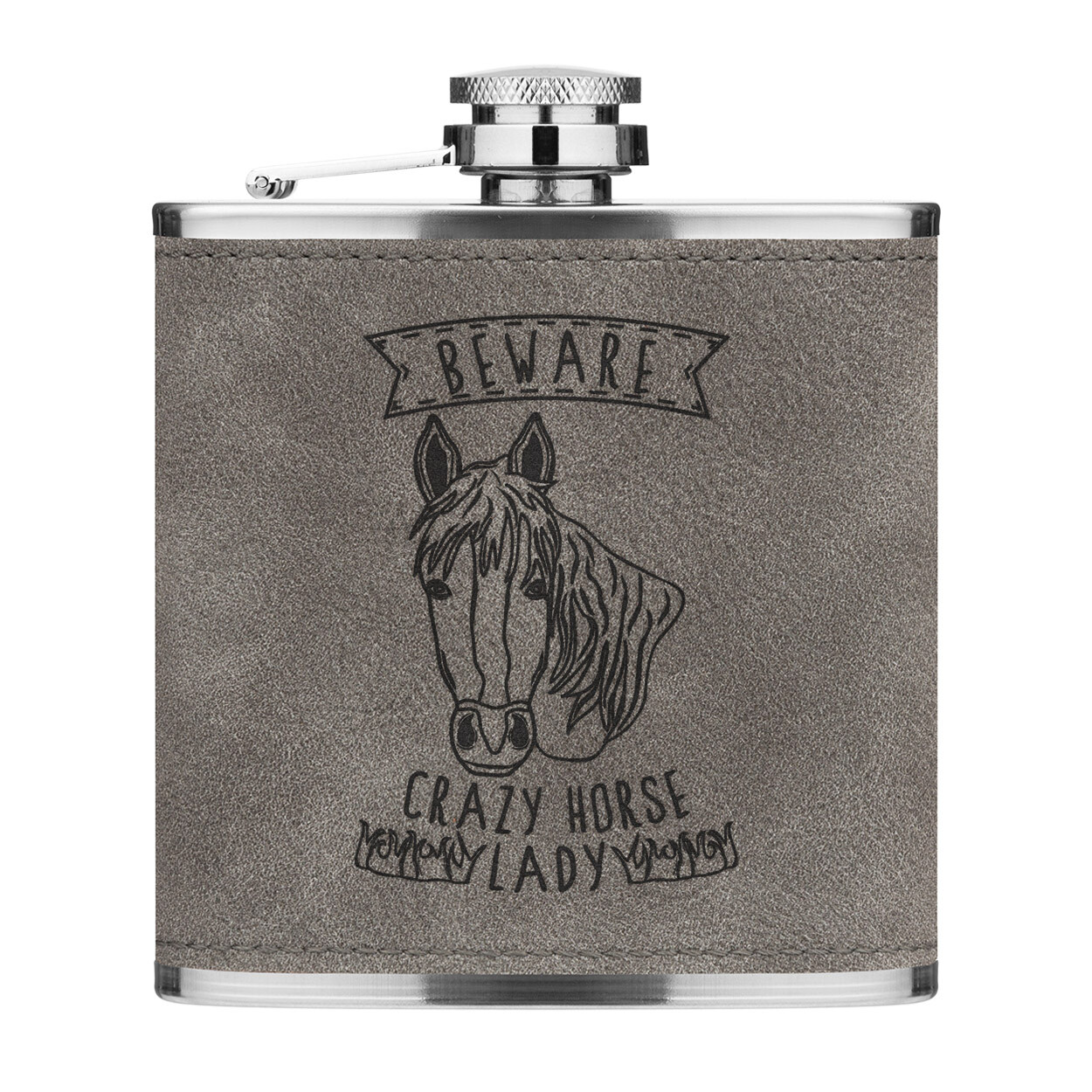 Beware Crazy Horse Lady 6oz PU Leather Hip Flask Grey Funny Pony