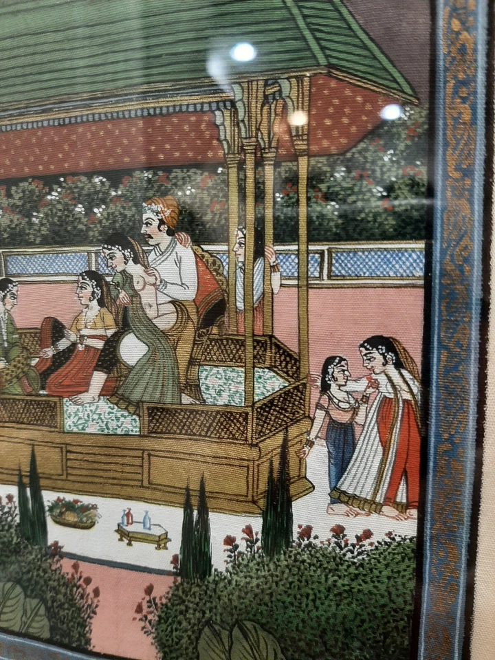Arte harén mogol Kamasutra indio miniatura arte erótico en tela firmado enmarcado Foto 4 de 4