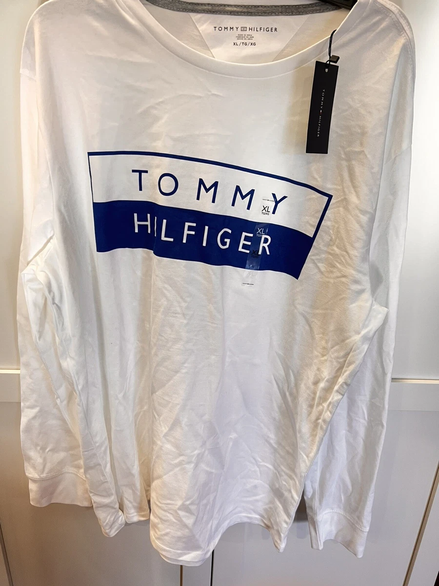 New Tommy Hilfiger Size XL White Tee Shirt Blue Logo Men s Long Sleeve Top NWT