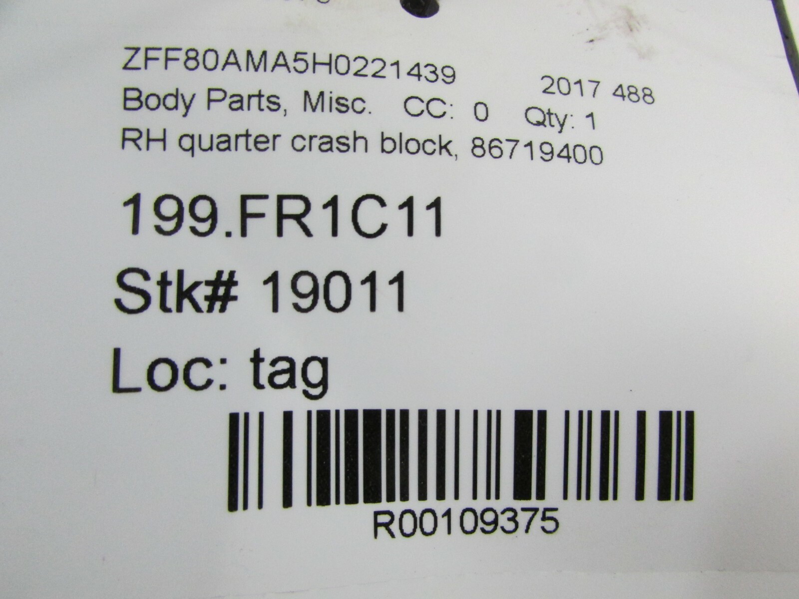 Ferrari 488, RH, Right Quarter Foam Crash Block, Used, P/N 86719400