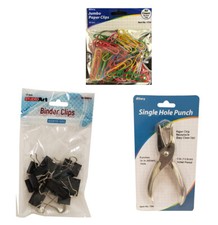Set of 3 Office Supply Single Hole Punch  80pcs Paper Clip  15pcs Binder Clip