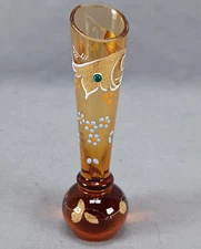 Antique Bohemian Green Jeweled Enameled Floral Gold 4 3/4 Inch Amber Glass Vase