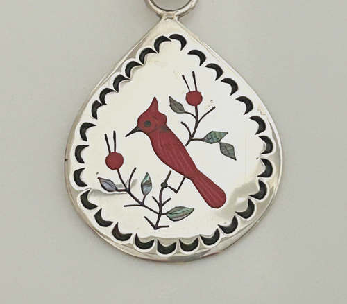 Navajo Designer Raymond Boyd Sterling Silver Cardinal Bird Pendant Abalone Coral - Picture 3 of 6
