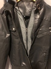 Black faux leather hooded men's jacket lightweight, Size: M