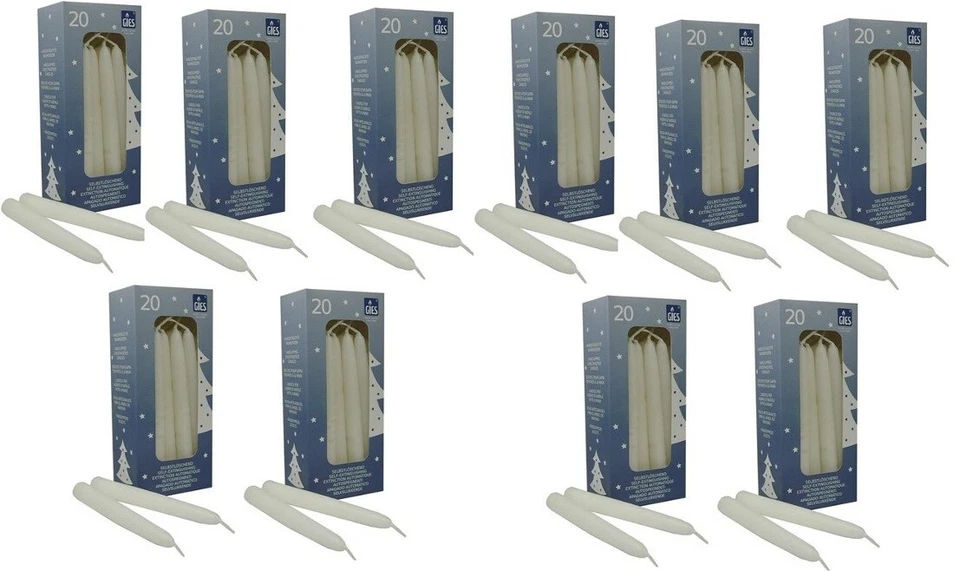 HILLFIELD 200 selbstlöschende Baumkerzen, 124 x 12 mm, Weiß, handgetauchte Qualität