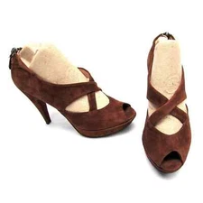 GASTONE LUCIOLI women's size 38.5 8.5 U.S. brown suede peep toe high heel shoes
