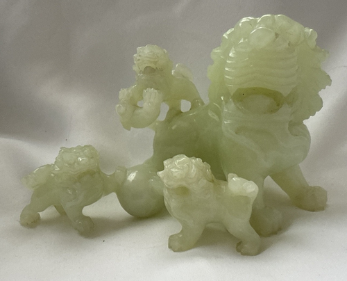 Stunning Chinese Hand Carved Green Jade Foo Dogs