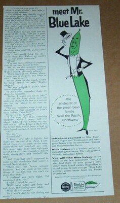 1955 print ad - Mr. Blue Lake canned green beans Cute art Vintage Advertising
