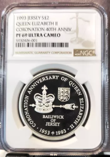 1993 JERSEY SILVER 2 POUNDS QUEENS CORONATION NGC PF 69 ULTRA CAMEO TOP POP