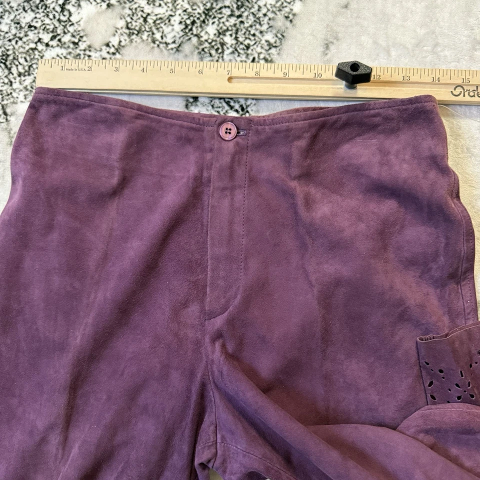 Pantalones Philippe Adec Paris para mujer talla 6 púrpura gamuza cuero corte láser estampado dobladillo Foto 4 de 4