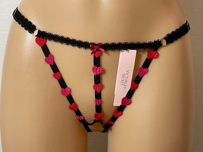 S VICTORIA'S Secret STRAPPY HEART V-String Panty Crotchless Open Black Red Small