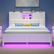 Queen Bed Frame with Charging Station, Bookcase Headboard Bed with LED Light ...