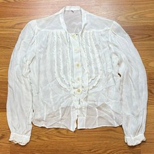 Antique Edwardian Ivory Sheer Pintuck Lace Blouse Victorian Size XS S Handmade