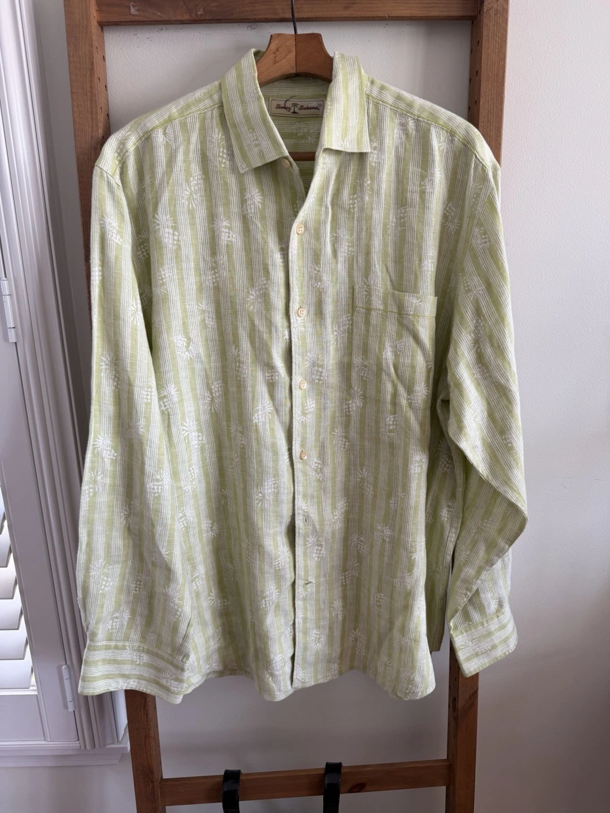 TOMMY BAHAMA MENS 100% LINEN LONG SLEEVE BUTTON UP SHIRT LARGE Green Pineapple