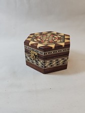 Vintage Wooden Inlay Marquetry Trinket Box Hexagon 3" x 2" Star