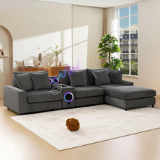 114" Gray Corduroy L-Shaped Sectional Couch with Speakers  USB Charger