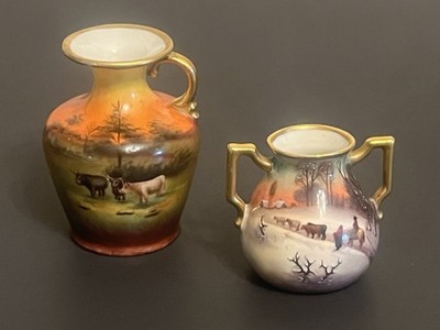 (2) Miniature Duerer Ware Vases Cattle Scenes Artist Signed