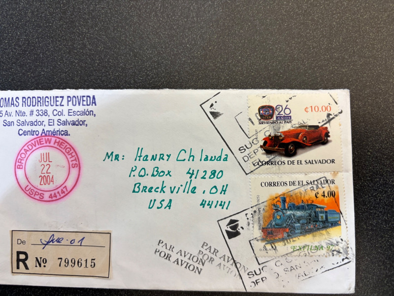 Used Registered cover from El Salvador to the USA.