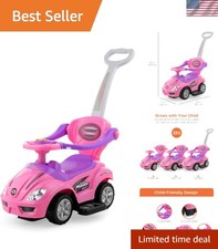 Kids 3-in-1 Push and Pedal Car Toddler Ride On w/Handle, Horn, Music - Pink