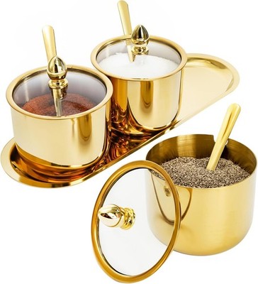 Set of 3 Grids 304 Stainless Steel Seasoning Containers W/ Glass Lid Spoon