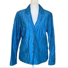 Chico's Teal Blue Embroidered 3 Button Lightweight Silk Blazer Jacket Size 2 / L