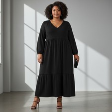 ASOS DESIGN Curve Midi Dress Size 16 Black Tiered V Neck Open Back NWT