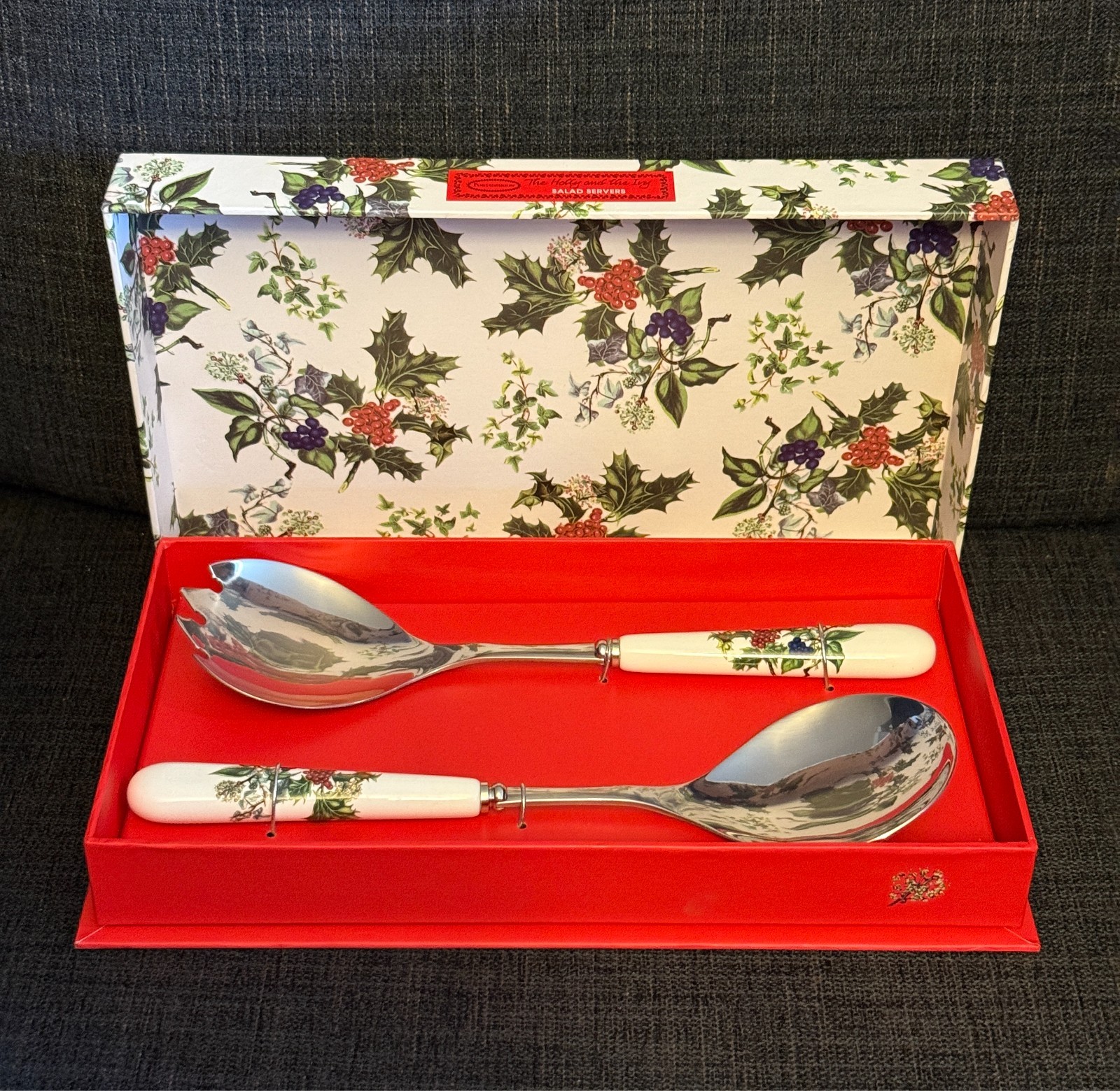 Portmeirion Christmas "The Holly and the Ivy" Salad Server Set Fork & Spoon Box
