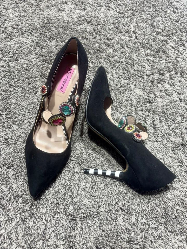 Betsey Johnson Sz 10 Jodie Stiletto Heels Black Suede Gorgeous Jeweled Strap - Image 4 of 4