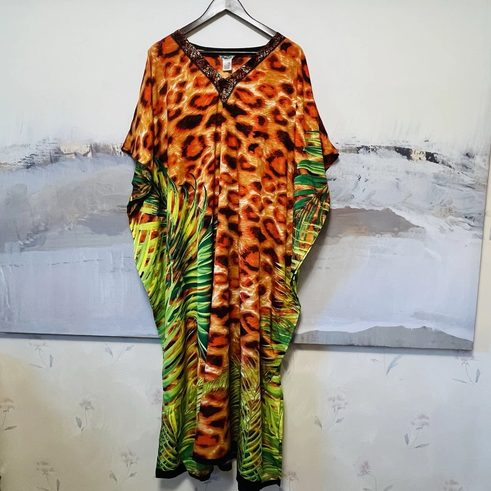 Vestido De Colección WINLAR Caftán Muumuu Tropical Palma Leopardo Estampado Talla Única Colorido Años 90 Foto 2 de 4